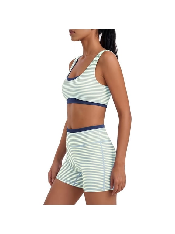 Women's Workout Sets 2 Piece Striped Sports Bra and High Waist Biker Shorts Seamless Ribbed Yoga Gym Athletic Outfit Tummy Control Active Set for Running Multiple Colors Light Green S