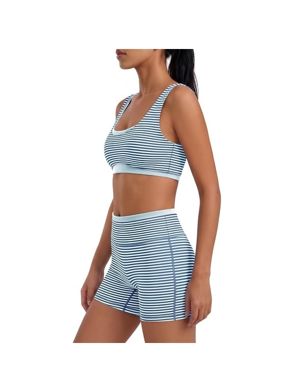 Women's Workout Sets 2 Piece Striped Sports Bra and High Waist Biker Shorts Seamless Ribbed Yoga Gym Athletic Outfit Tummy Control Active Set for Running Multiple Colors Sky Blue L
