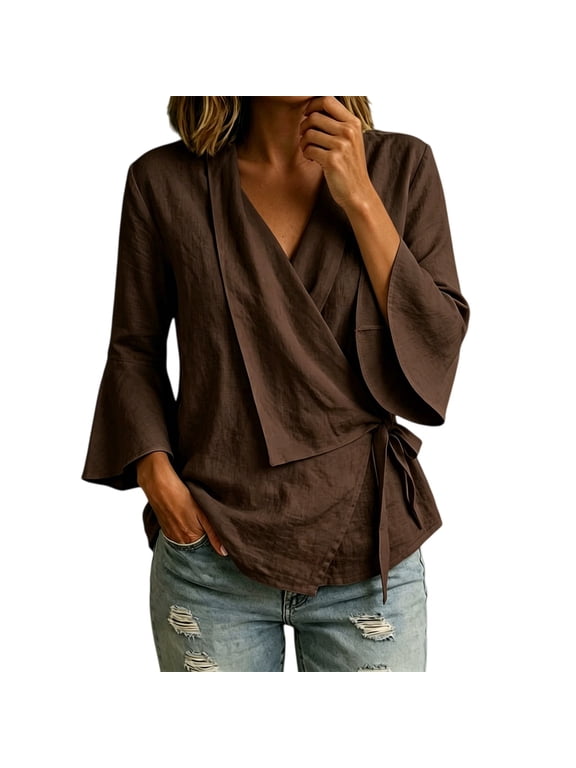 Women’s Wrap Blouse, V Neck Tie Side Tunic Top with 3/4 Bell Sleeves and Lightweight Texture, Casual Loose Fit Shirt for Work, Vacation, and Everyday Wear Coffee M