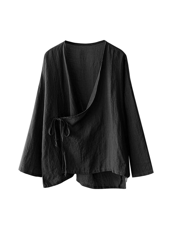 Women's Wrap Front Long Sleeve Retro Cotton Linen Hanten Kimono Cardigan Hanfu Costume Irregular Shirt Solid Color Casual Summer Soft And Breathable Lightweight Black 3Xl