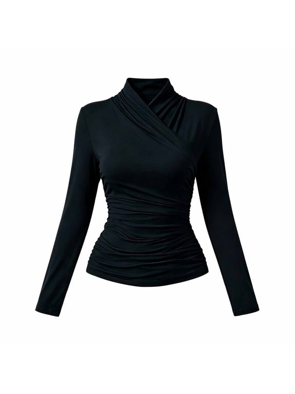 Women's Wrap Top Long Sleeve Ruched Mock Neck Fitted Shirt with Cross Front Design Slim Stretch Women's Wrap Blouse and Dressy Pullover Top Long Sleeve Ruched Top Black M