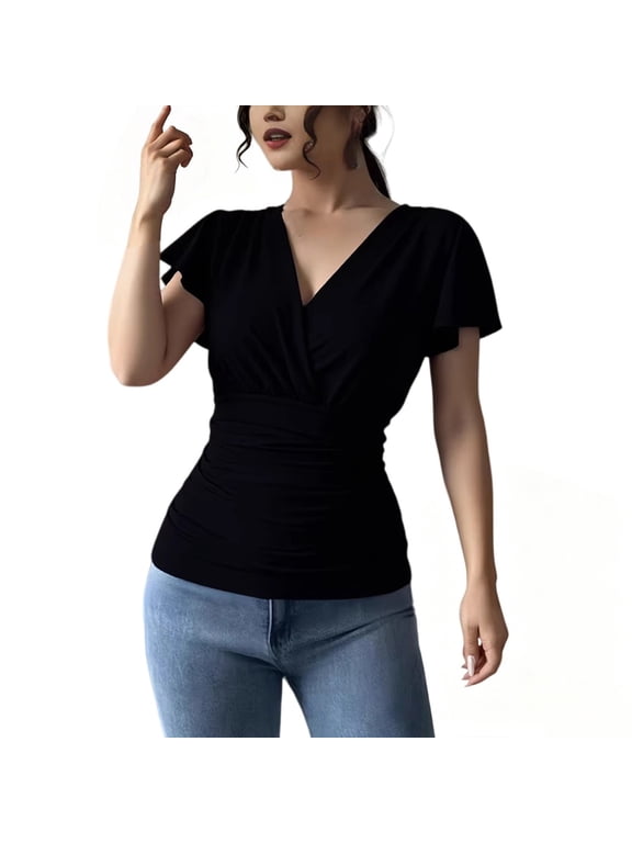Women's Wrap Top Short Flutter Sleeve V Neck Fitted Blouse with Ruched Waist Slim Fit Crossover Wrap Blouse Dressy Casual Wrap Tops and Blouses for Women Black M