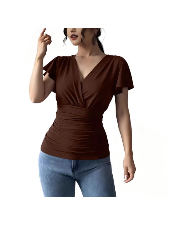 Women's Wrap Top Short Flutter Sleeve V Neck Fitted Blouse with Ruched Waist Slim Fit Crossover Wrap Blouse Dressy Casual Wrap Tops and Blouses for Women Coffee XL