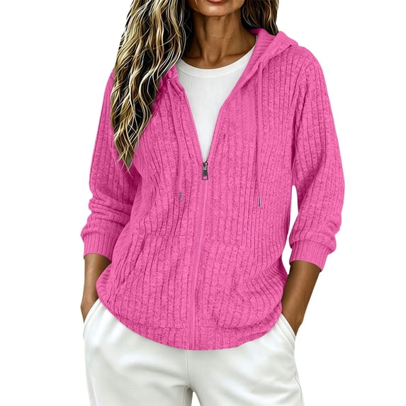 BODOAO Women's Zip Up Hooded Cardigan Ribbed Knit Long Sleeve Drawstring Sweater Jacket with Pockets Lightweight Casual Hoodie for Fall Winter Everyday Layering Hot Pink S
