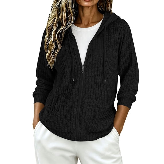 BODOAO Women's Zip Up Hooded Cardigan Ribbed Knit Long Sleeve Drawstring Sweater Jacket with Pockets Lightweight Casual Hoodie for Fall Winter Everyday Layering Black L