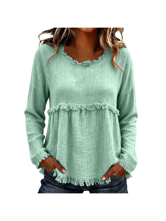 Womens Boho Babydoll Tops Crew Neck Long Sleeve Fringe Trim Gathered Empire Waist Blouse Casual Loose Fit Textured Crinkle Tunic Top for Fall Layering Vacation Work Green L