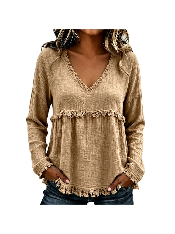 Womens Boho Babydoll Tops V Neck Long Sleeve Fringe Trim Gathered Empire Waist Blouse Casual Loose Fit Textured Crinkle Tunic Top for Fall Layering Vacation Khaki L