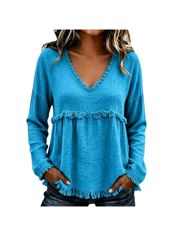 Womens Boho Babydoll Tops V Neck Long Sleeve Fringe Trim Gathered Empire Waist Blouse Casual Loose Fit Textured Crinkle Tunic Top for Fall Layering Vacation Blue L