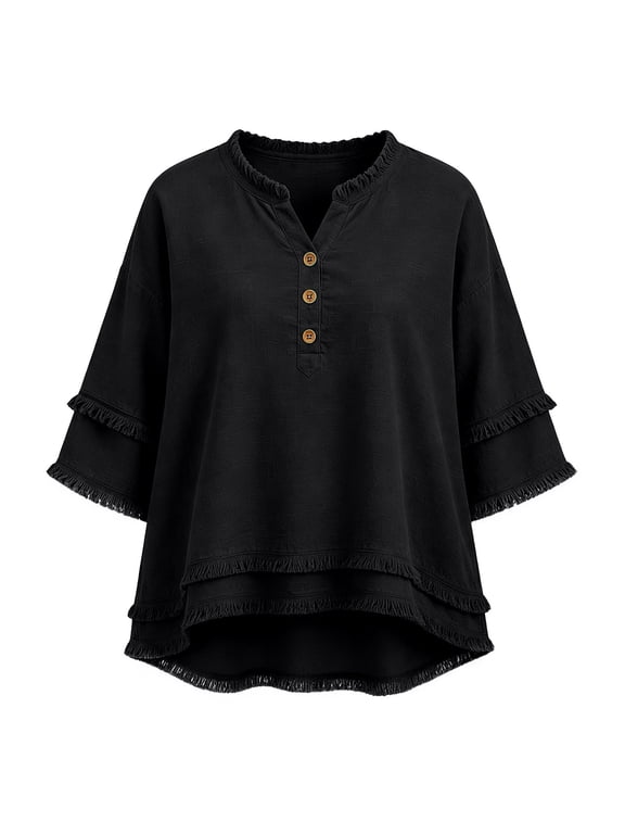 Womens Boho Linen Tops Henley V Neck Elbow Sleeve Fringe Trim Double Layer Casual Loose Blouse High Low Hem Lightweight Tunic Shirt for Vacation Summer Beach Black XL