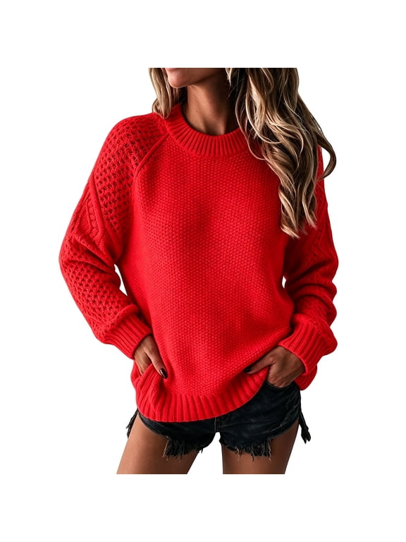 Womens Cable Knit Sweater Crew Neck Long Sleeve Chunky Pointelle Pullover Sweater Soft Relaxed Fit Textured Jumper with Hollow Out Detail for Fall Winter Work Red S