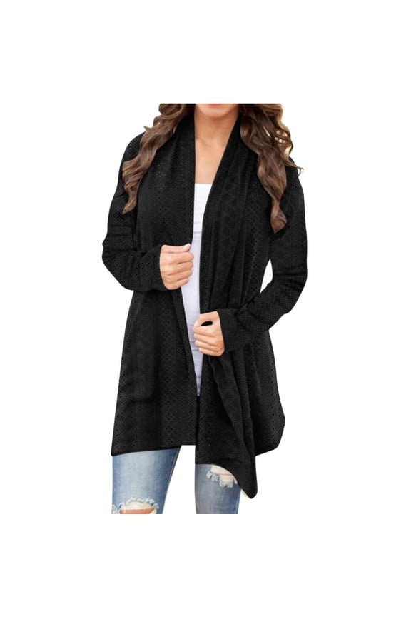 Womens Cardigan Sweaters Lightweight Crochet Open Front Kimono Cardigans Knit Hollow Out Jacket Coats Beach Cover Ups Solid Color Mid Length Coarse Sweater Sweater Women Black S