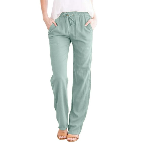 BODOAO Womens Casual Cotton Linen Pants Lightweight Summer Relax Fit Elastic Waist Plus Size Solid Lounge Long Trousers Solid Color Loose Pockets Elastic Belt Waist Pants Long Trousers Mint Green M