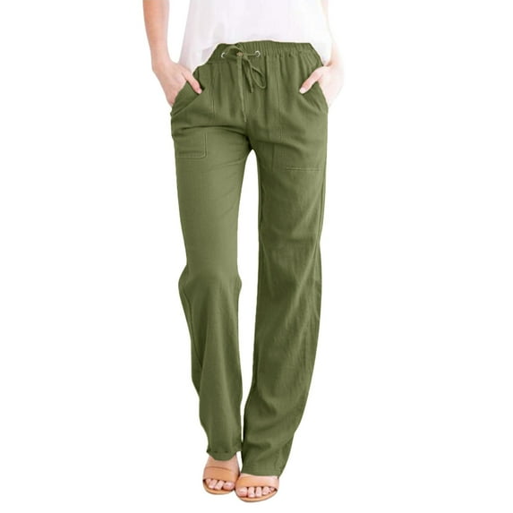 BODOAO Womens Casual Cotton Linen Pants Lightweight Summer Relax Fit Elastic Waist Plus Size Solid Lounge Long Trousers Solid Color Loose Pockets Elastic Belt Waist Pants Long Trousers Army Green L