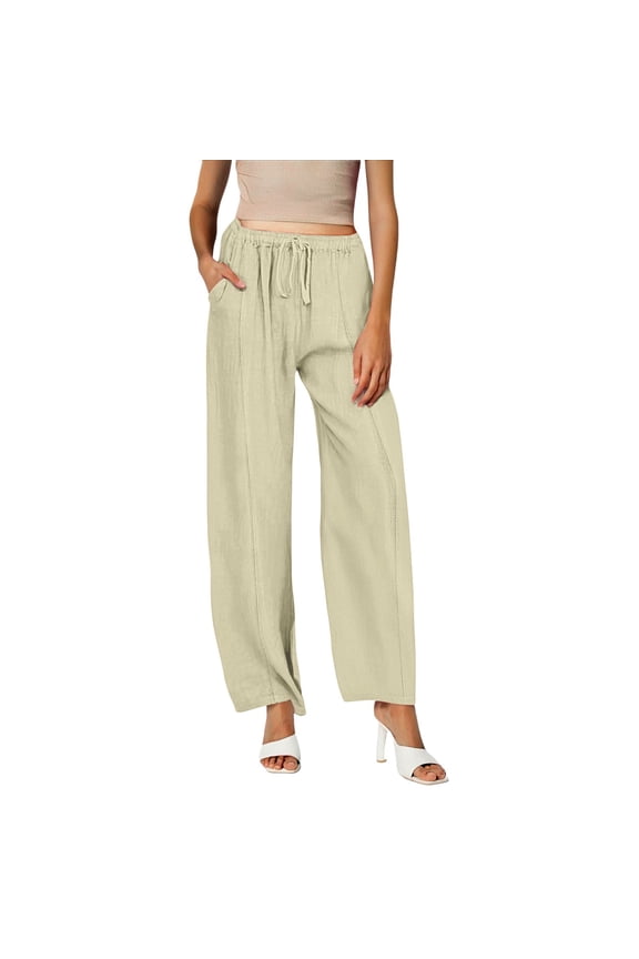 Womens Casual Linen High Waist Pants Drawstring Loose Fit Summer wide leg Pants Trousers with Side Pockets Women Casual Solid Color Trouser Pant Cotton Blend Wide Leg Pants Beige L