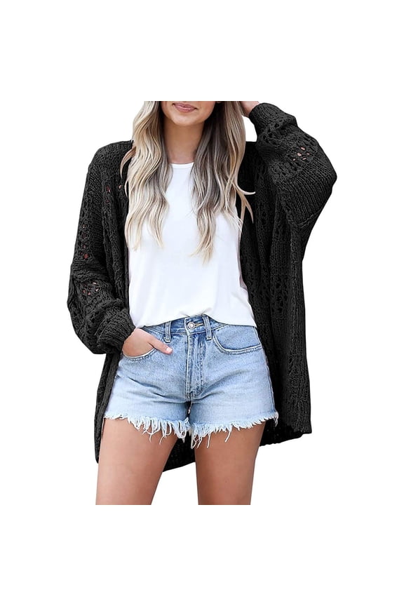 Womens Crochet Cardigan Sweater Kimonos Boho Solid Color Oversized Fall Open Front Outwear Lightweight Cardigans Jackets Crochet Cardigan Sweater Long Sleeve Lightweight Loose Sweater Black Xxl