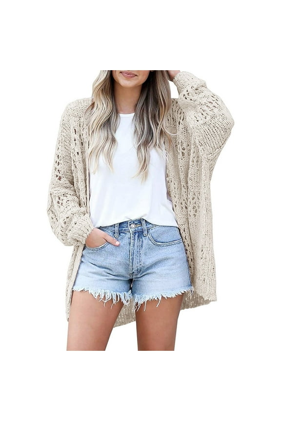 Womens Crochet Cardigan Sweater Kimonos Boho Solid Color Oversized Fall Open Front Outwear Lightweight Cardigans Jackets Crochet Cardigan Sweater Long Sleeve Lightweight Loose Sweater Beige M