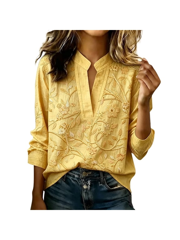 Womens Embroidered Blouse Mandarin Collar V Notch Long Sleeve Floral Applique Boho Shirt Casual Loose Fit Lightweight Tunic Top for Work Vacation Summer Fall Yellow XL