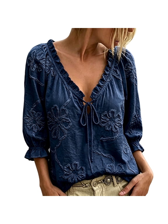 Womens Embroidered Boho Blouse V Neck Tie Front 3/4 Puff Sleeve Ruffle Trim Floral 3D Applique Peasant Top Casual Loose Fit Tunic Shirt for Vacation Summer Dark Blue L