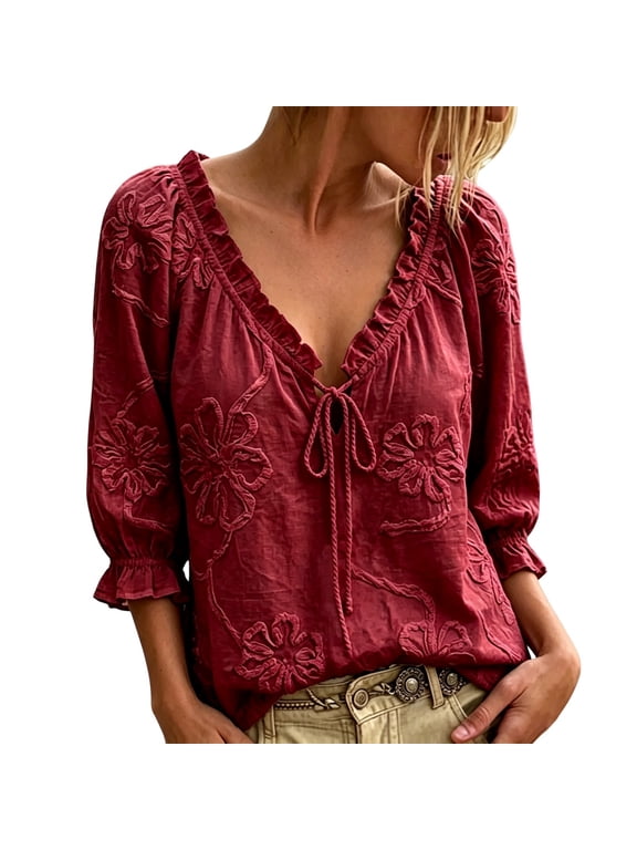 Womens Embroidered Boho Blouse V Neck Tie Front 3/4 Puff Sleeve Ruffle Trim Floral 3D Applique Peasant Top Casual Loose Fit Tunic Shirt for Vacation Summer Red S