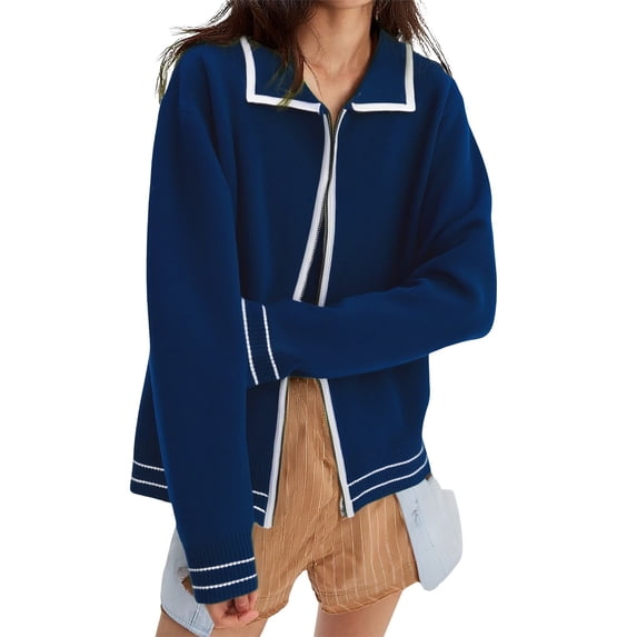 BODOAO Womens Fall Cardigan Sweaters V Neck Long Sleeve Button Open Front Knit Sweater Women Oversized Cardigans Short Flower Knitted Cardigan Autumn New V Neck Mink Fleece Sweater Coat Dark Blue Xl