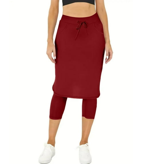 BODOAO Womens Golf Skirts with Leggings, Knee Length Tennis Skorts with Pockets Stretchy Waisted Long Skorts with Yoga Pants Drawstring Sports Short Tennis Yoga Skirt Pants Red XXL