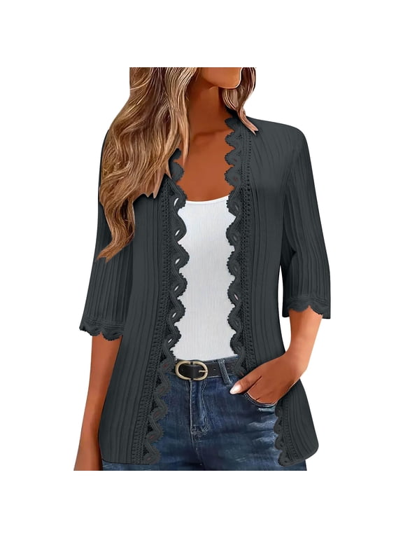 Womens Lace Cardigan Fashion Lightweight 3/4 Sleeve Tops Coat Boho Solid Color Open Front Lace Cardigans Cardigans Summer Jackets Sweater Solid Color Beach Lace Side Thin Cover Up Dark Gray 4Xl