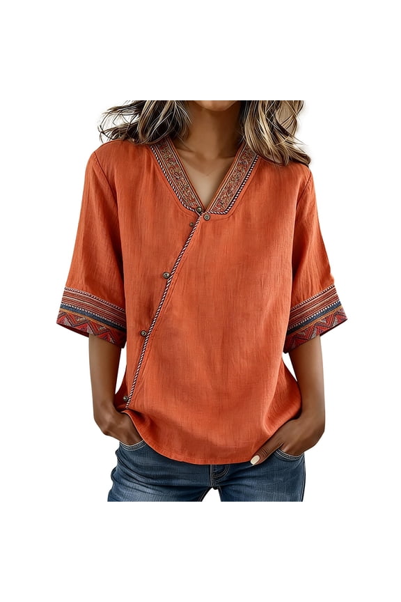 Womens Linen Embroidered Top And Blouses Skin-Friendly Tops Half Sleeve 2026 Trendy Blouse Loose Fit Blouses Plus Size Workout Tops Vacation Shirts Soft Breathable Boho Tops V Neck Orange Xl