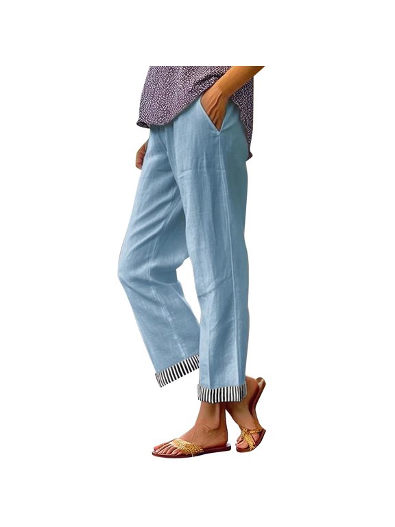 Womens Linen Pants Elastic Waist Trousers with Pockets Boho Travel Pant Breathable Linen Pant Cropped Summer Capris Pants Lounge Baggy Trousers Capris Trousers Palazzo Pants Light Blue L