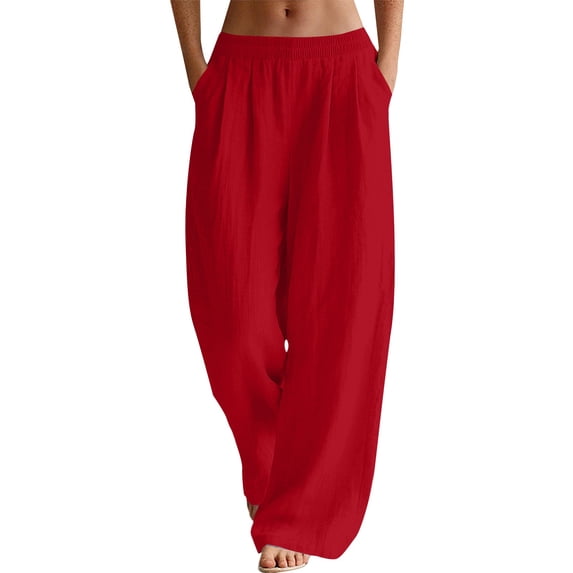 BODOAO Womens Linen Pants Soft Comfy Long Lounge Pants for Summer Office Dress Work Slacks Womans Summer Pants Drawstring Elastic Waist Trousers with Pockets Pockets Pants for Women Red S
