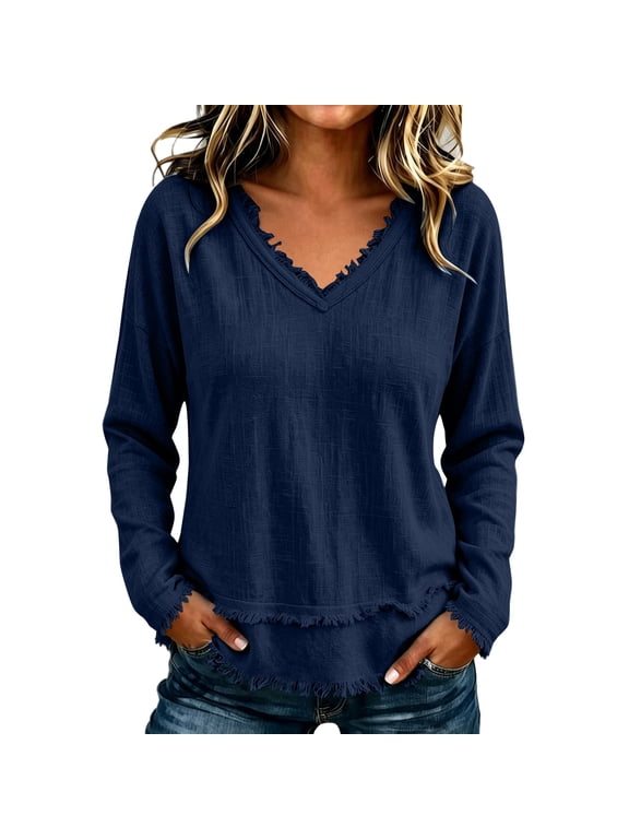 Womens Linen Tops V Neck Long Sleeve Boho Blouses Casual Loose Fit Fringe Trim Textured Tunic Top Lightweight Drop Shoulder Shirts for Summer Work Vacation Dark Blue 3XL