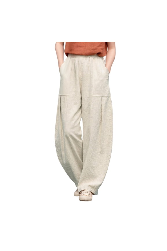 Womens Linen Wide Leg Pants High Waist Pants Boho Travel Pant Casual Straight Leg Pants Loose Fit Summer Pants Trousers Pull-On Pants Soft Comfy Long Lounge Pants for Summer Baggy Trousers L