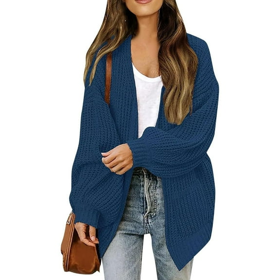 BODOAO Womens Long Cardigan Sweater Fall 2025 Trendy Chunky Waffle Knit Oversized Open Front Dressy Cardigans for Women Long Sleeved Sleeved Cardigan with Pockets Knitted Sweater for Women Blue L