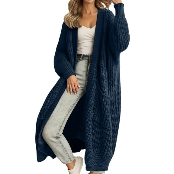 BODOAO Womens Long Cardigan Sweaters Open Front Oversized Duster with Pocket for Women 2025 Fall Winter Knit Design Coats Solid Color Sweater Winter Loose Long Sleeved Cardigan Jacket Dark Blue L