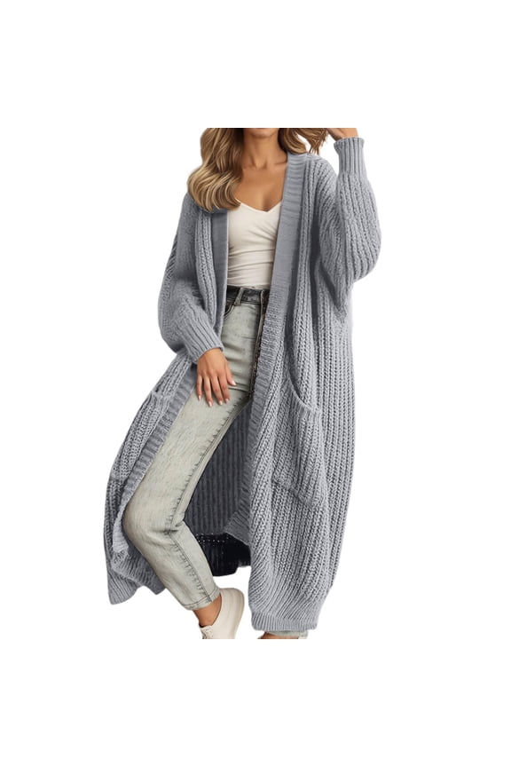 Womens Long Cardigan Sweaters Open Front Oversized Duster with Pocket for Women 2025 Fall Winter Knit Design Coats Solid Color Sweater Winter Loose Long Sleeved Cardigan Jacket Light Ashy S