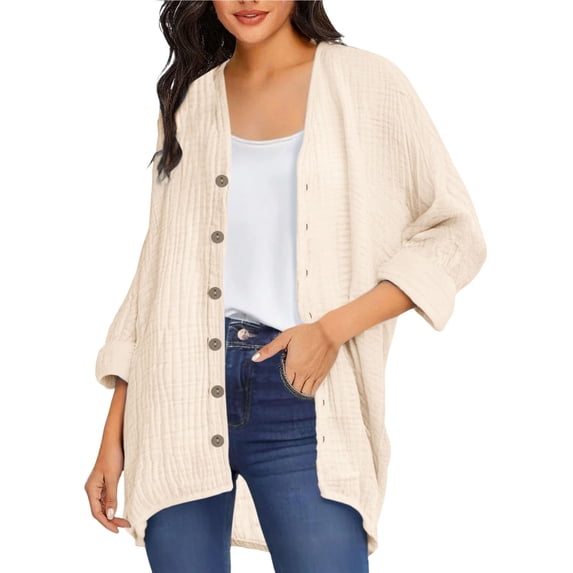 BODOAO Womens Open Front Cardigan Shirt Soft Cotton Linen Long Sleeve Lightweight Coat Casual Solid Color Button Loose Tops Fashionable and Solid Color V Neck Long Sleeved Button Cardigan Beige L