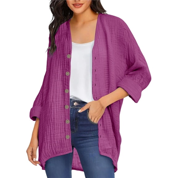 BODOAO Womens Open Front Cardigan Shirt Soft Cotton Linen Long Sleeve Lightweight Coat Casual Solid Color Button Loose Tops Fashionable and Solid Color V Neck Long Sleeved Button Cardigan Purple Xl