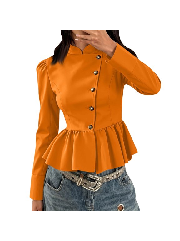 Womens Peplum Blazer Stand Collar Long Sleeve Gold Button Tailored Suit Jacket Puff Shoulder Fitted Work Office Business Dressy Elegant Cropped Blazer Top Orange S