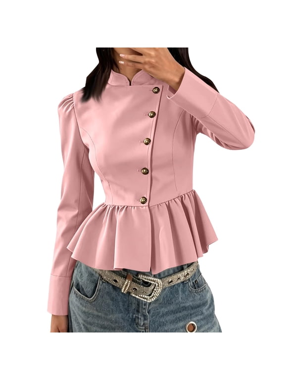 Womens Peplum Blazer Stand Collar Long Sleeve Gold Button Tailored Suit Jacket Puff Shoulder Fitted Work Office Business Dressy Elegant Cropped Blazer Top Pink M