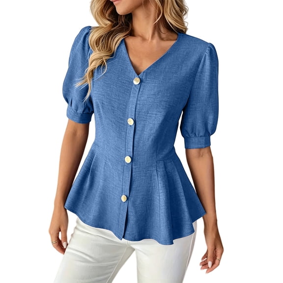 BODOAO Womens Puff Sleeve Tops V Neck Button Down Blouse Ruffle Hem Cute Casual Loose Fit Flowy Shirts 2026 Trendy Tops Summer Peplum Top Blue 2XL
