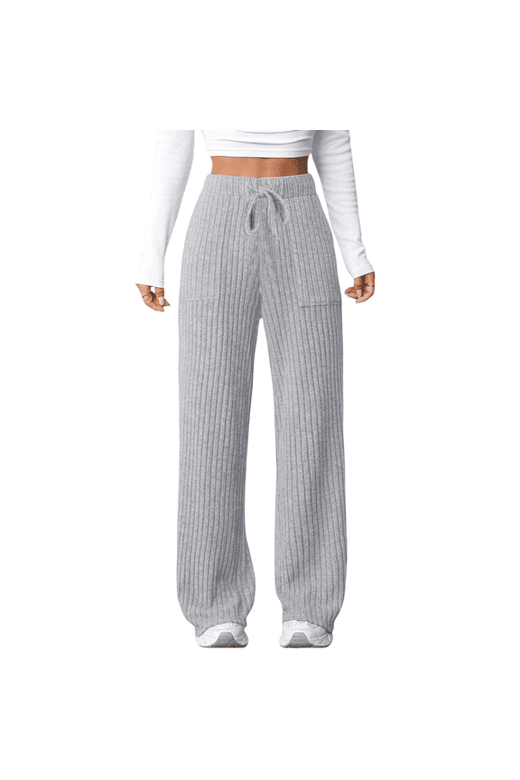 Womens Ribbed Knit Lounge Pajama Pants Soft Fuzzy Comfy Straight Leg Drawstring Fall Loose Pj Bottoms with Pockets Ladies' Autumn/Winter New Solid Color Strip Pocket Elastic Pants Grey L