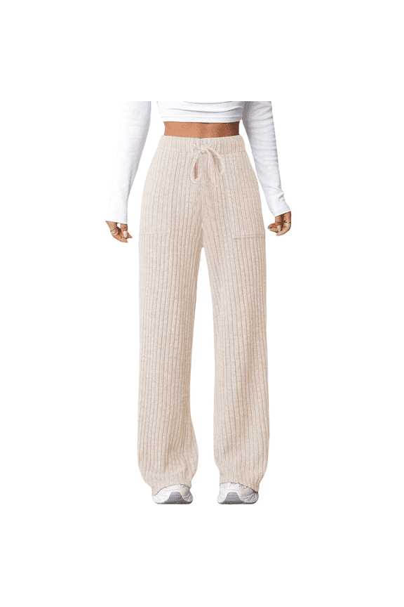 Womens Ribbed Knit Lounge Pajama Pants Soft Fuzzy Comfy Straight Leg Drawstring Fall Loose Pj Bottoms with Pockets Ladies' Autumn/Winter New Solid Color Strip Pocket Elastic Pants Beige M