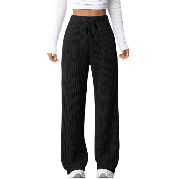 BODOAO Womens Ribbed Knit Lounge Pajama Pants Soft Fuzzy Comfy Straight Leg Drawstring Fall Loose Pj Bottoms with Pockets Ladies' Autumn/Winter New Solid Color Strip Pocket Elastic Pants Black M