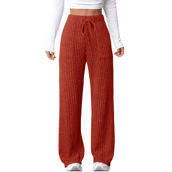 BODOAO Womens Ribbed Knit Lounge Pajama Pants Soft Fuzzy Comfy Straight Leg Drawstring Fall Loose Pj Bottoms with Pockets Ladies' Autumn/Winter New Solid Color Strip Pocket Elastic Pants Orange Xl