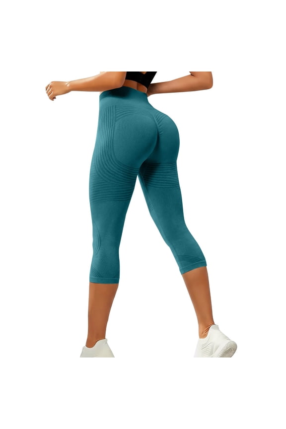 Womens Seamless High Waist Yoga Capri Pants Stretch Workout Leggings Textured Athletic Tights for Running Fitness Gym Training and Activewear Sky Blue L