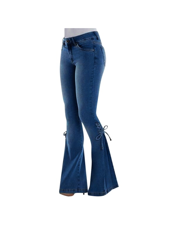 Womens Side Lacing Bell Bottom Jeans Stretch Butt Lifting Vintage Washed Jeans Skinny Flare Pants Elastic Bow Pant Denim Cut Boot Summer Loose Casual Jeans Dark blue XS