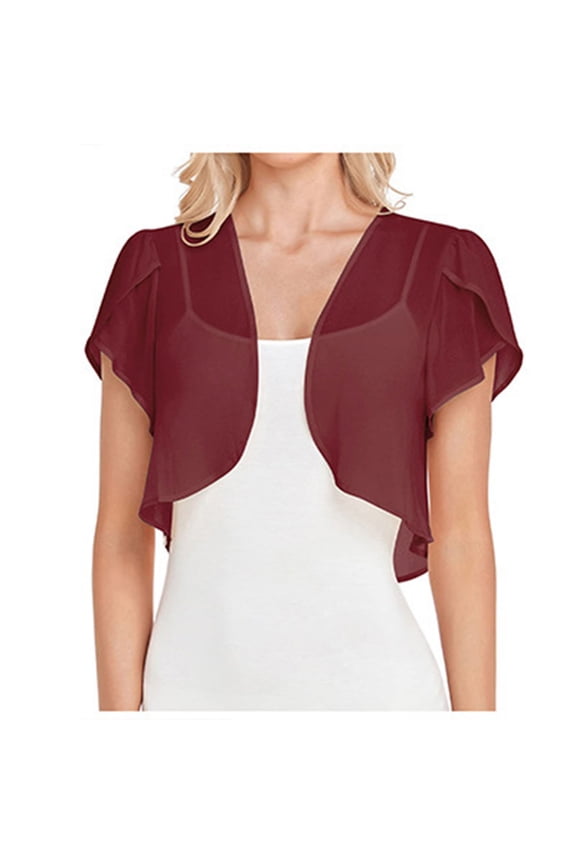 Womens Single Layer Flutter Sleeve Sheer Chiffon Bolero Shrug Open Front Cropped Cardigan Lightweight Breathable Elegant Dressy Cover Up for Evening Dresses Party Formal Events Summer Wine 2XL