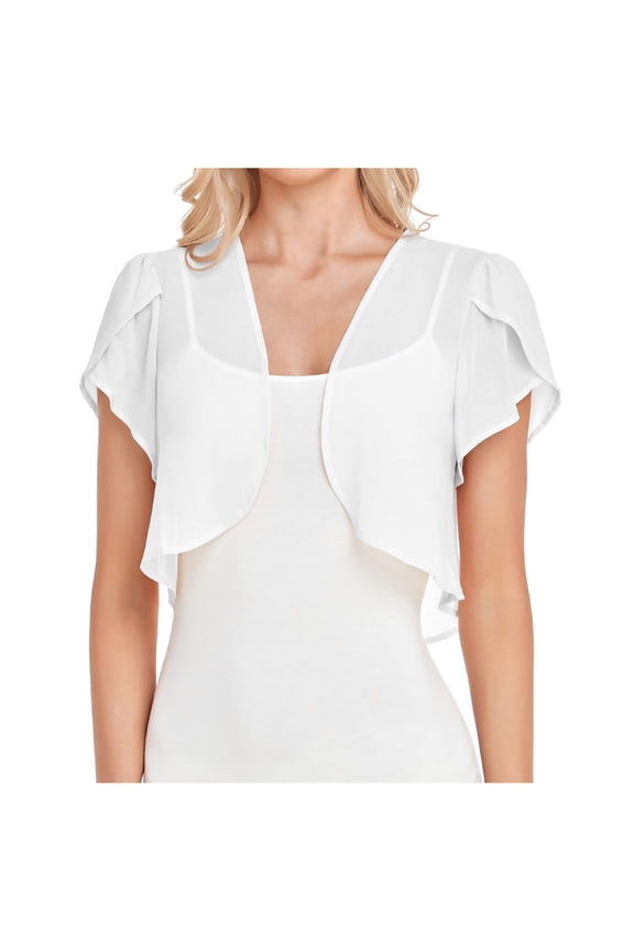 Womens Single Layer Flutter Sleeve Sheer Chiffon Bolero Shrug Open Front Cropped Cardigan Lightweight Breathable Elegant Dressy Cover Up for Evening Dresses Party Formal Events Summer White S