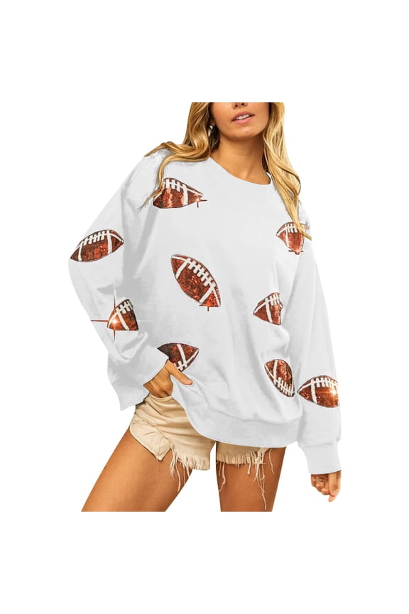 Womens Sparkle Football Sequin Rugby Sweatshirt Game Day Y2K Crewneck Oversized Shirt Long Sleeve Loose Pullover Sequin Rugby Sweatshirt Crewneck Oversized Shirt Fleece Pullover White Xl