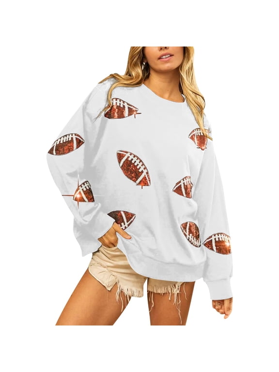 Womens Sparkle Football Sequin Rugby Sweatshirt Game Day Y2K Crewneck Oversized Shirt Long Sleeve Loose Pullover Sequin Rugby Sweatshirt Crewneck Oversized Shirt Fleece Pullover White L
