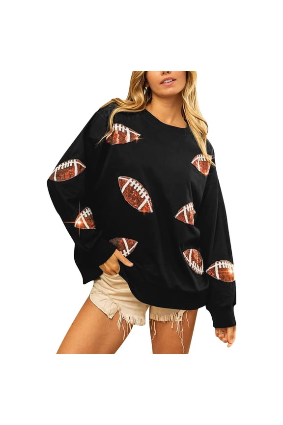 Womens Sparkle Football Sequin Rugby Sweatshirt Game Day Y2K Crewneck Oversized Shirt Long Sleeve Loose Pullover Sequin Rugby Sweatshirt Crewneck Oversized Shirt Fleece Pullover Black 3Xl